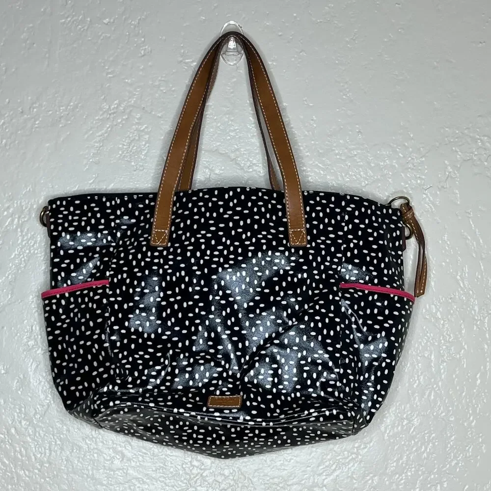 Fossil Large Waxed Leather Shoulder Tote Zip Top Black Speckeled Bag - Picture 1 of 8